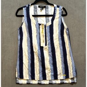 Ellen Tracy Linen Blend Striped Sleeveless Top Navy Blue Gold Zip Medium